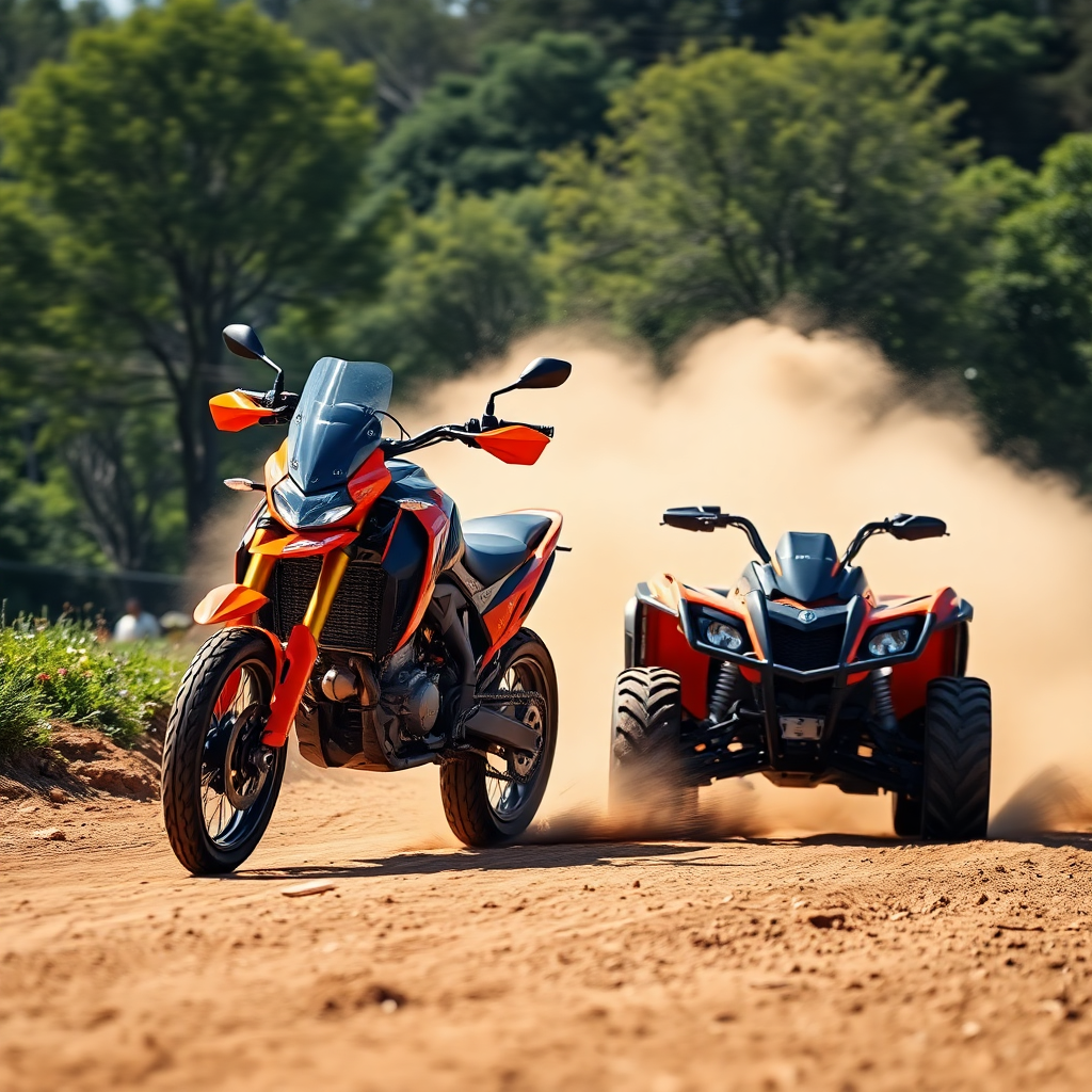 A dynamic shot of a bright orange sports motorbike and a rugged all-terrain vehicle (ATV) on a dirt track, kicking up dust, action shot, vibrant colors, motion blur