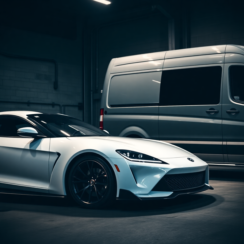 A stunning white modern performance car and a sleek grey commercial van parked side-by-side in a moody, industrial garage setting, dramatic lighting, automotive photography style